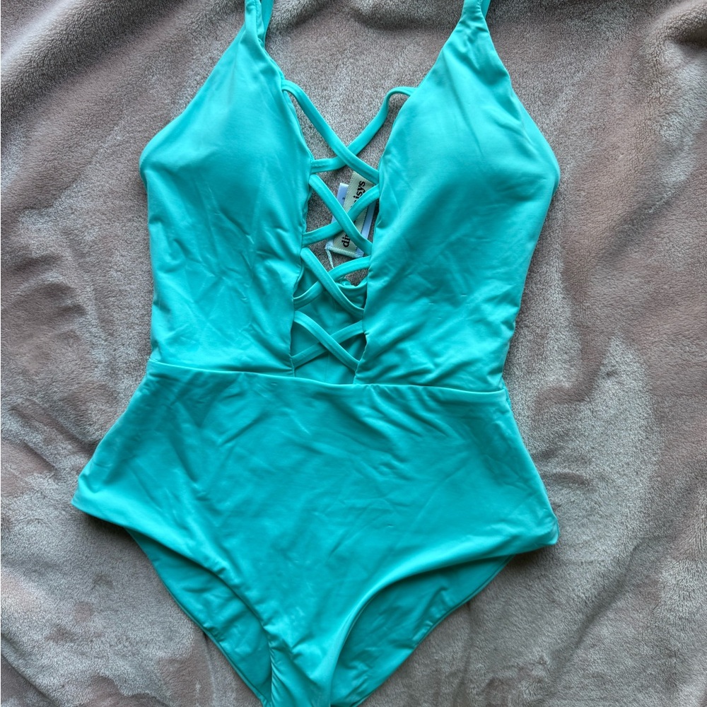 Dippin' Daisy's Blue One Piece Swimsuit with Lace-Up Detail